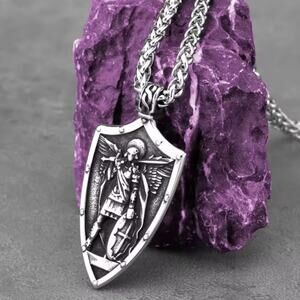 Stainless Steel Archangel Saint Michael Necklace Vintage Fashion Cross & Shield